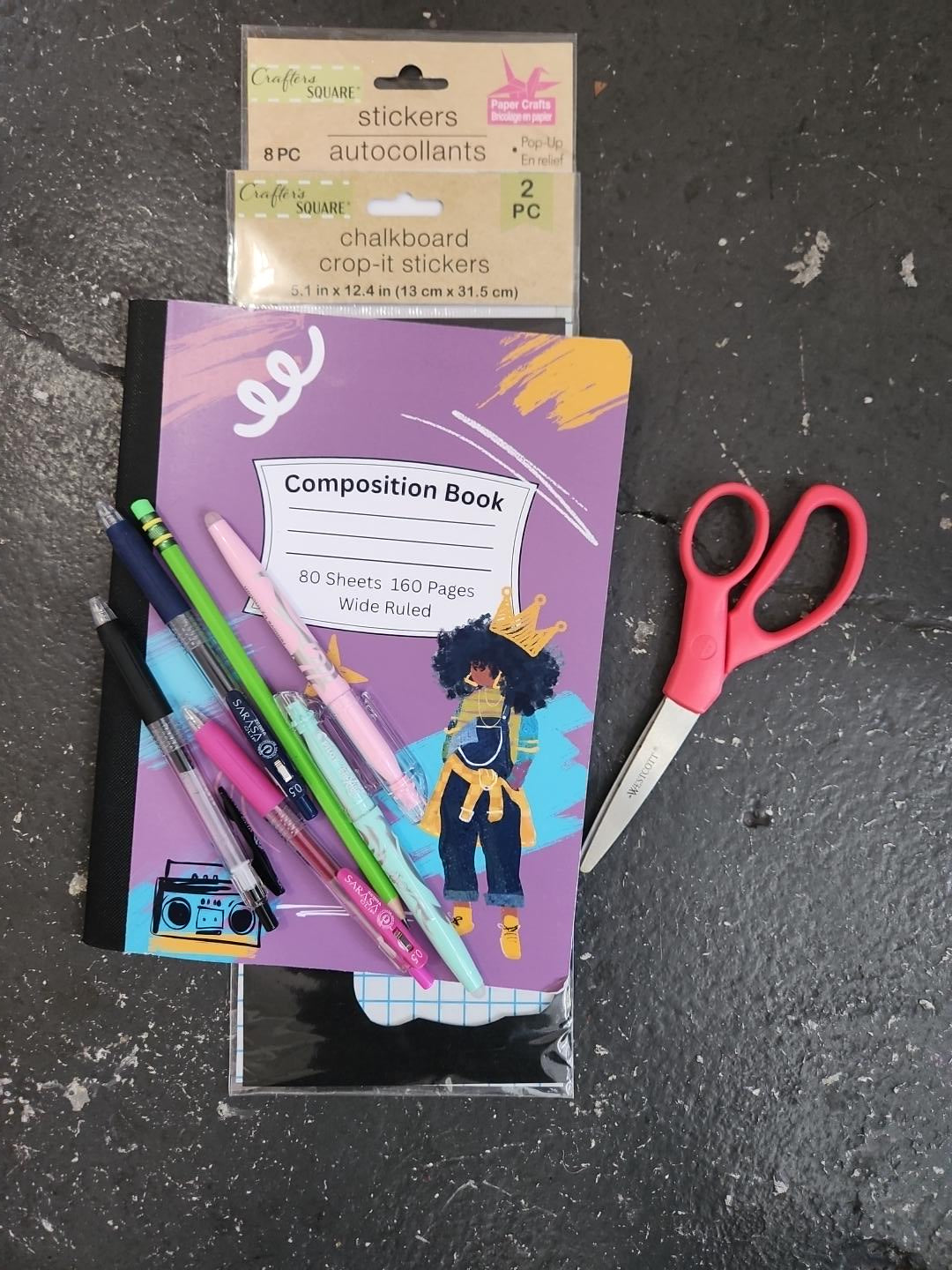 JJ composition book with pens, stickers and scissors for creative journaling