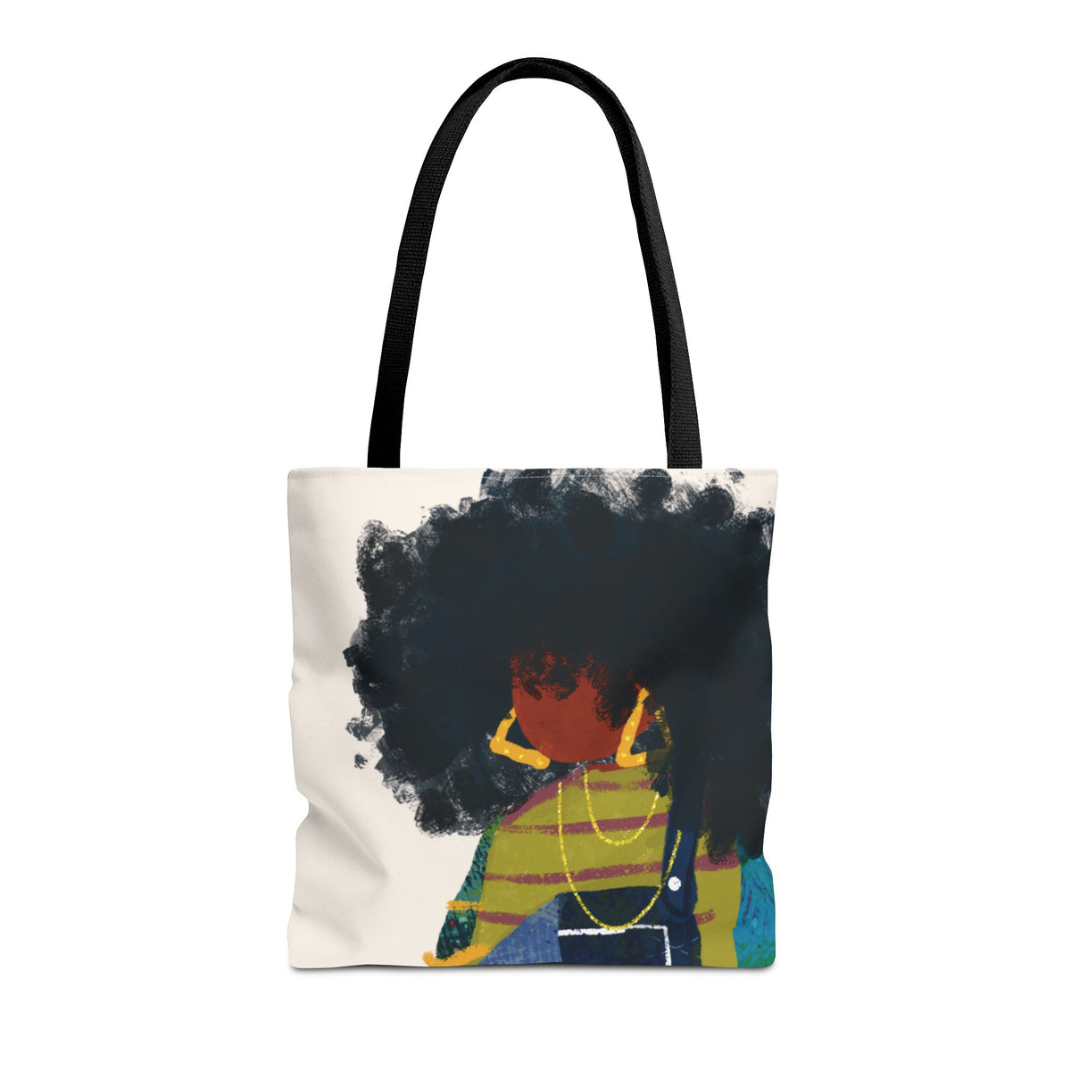JJ 16×16 tote bag front with colorful character artwork and black handles