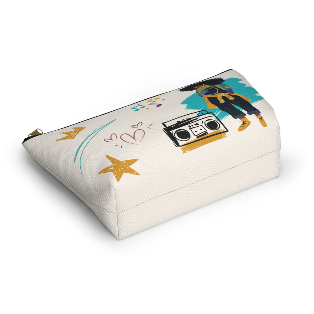 JJ large T-bottom zipper pouch bottom view showing wide structured base and colorful artwork