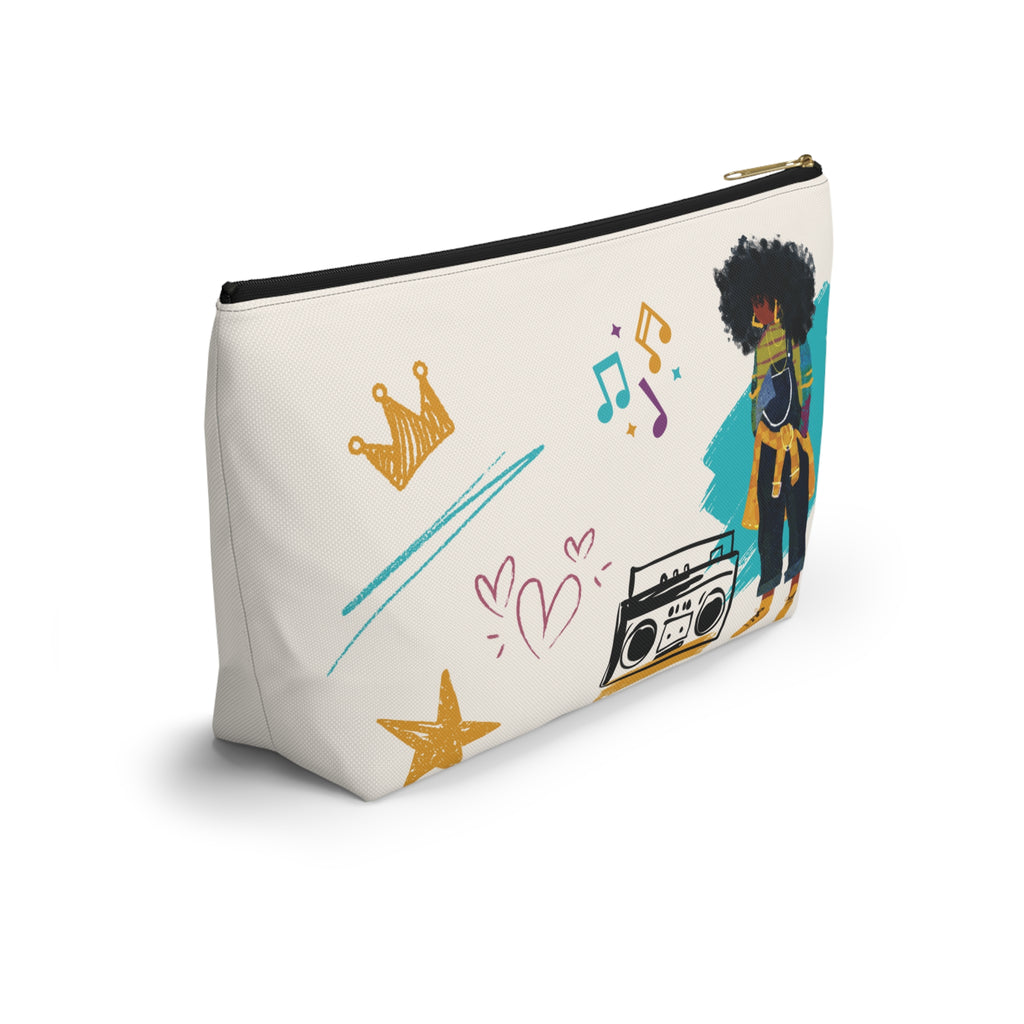 JJ large T-bottom zipper pouch side view showing wide base, black zipper and colorful artwork