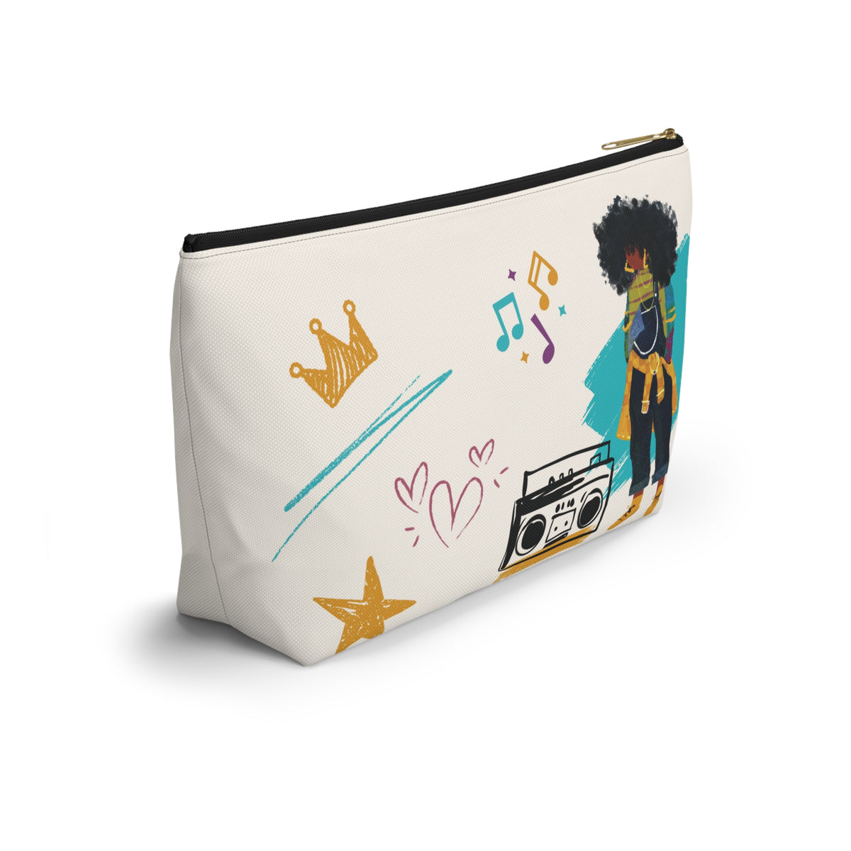 JJ large T-bottom zipper pouch side view showing wide base, black zipper and colorful artwork