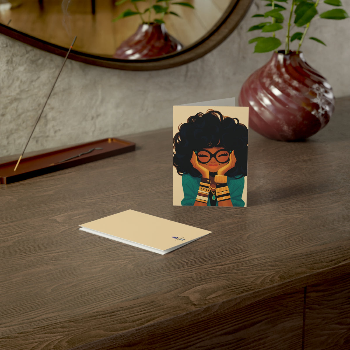 Amara Sage Note Card Set – Curly Contemplations Collection (4-Pack with Envelopes)