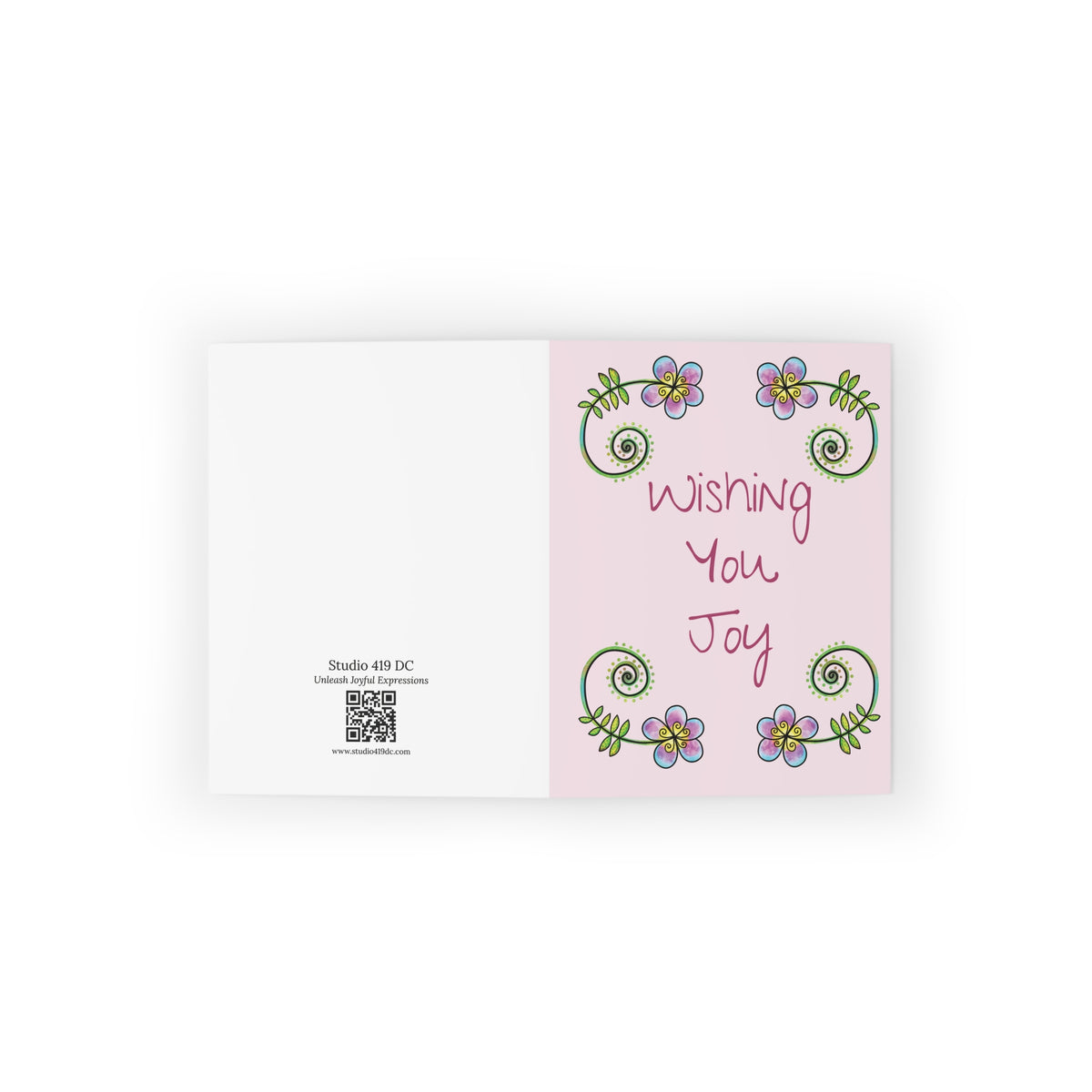 Wishing You Joy floral greeting card showing front and back design