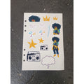 JJ journal and planner sticker sheet with character, boombox, crown, music note, heart and star stickers
