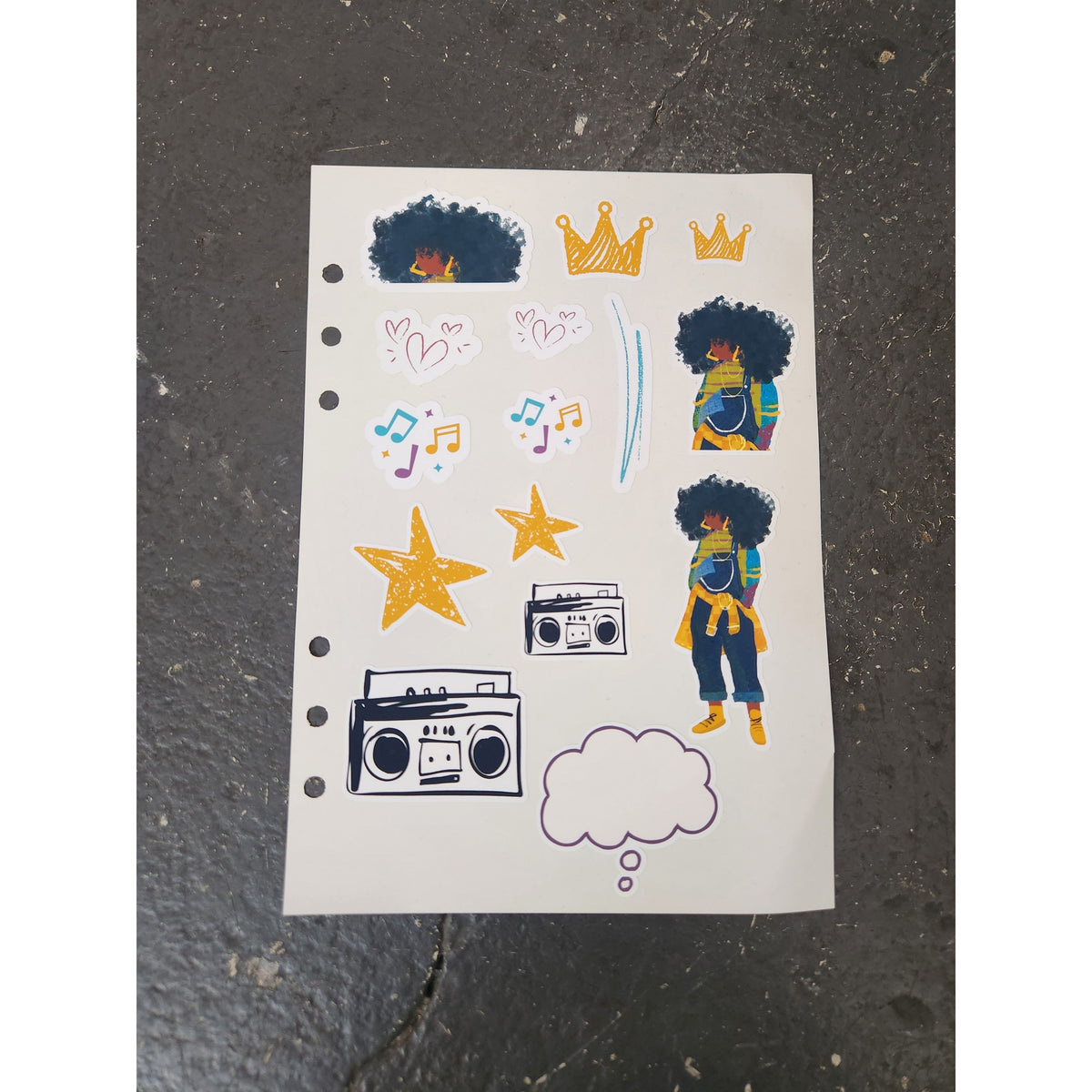 JJ journal and planner sticker sheet with character, boombox, crown, music note, heart and star stickers