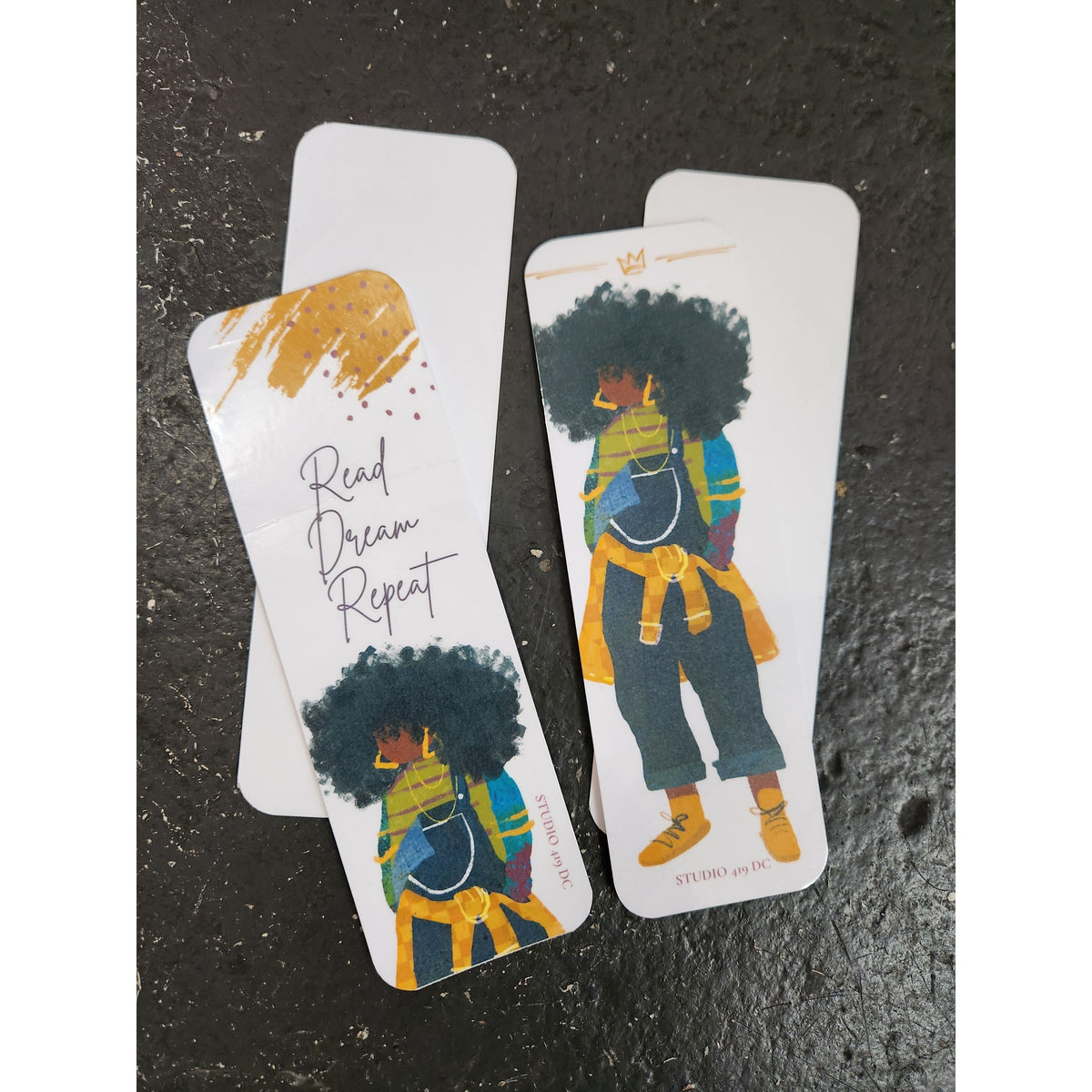 JJ handmade bookmark set showing two printed designs and blank single-sided backs